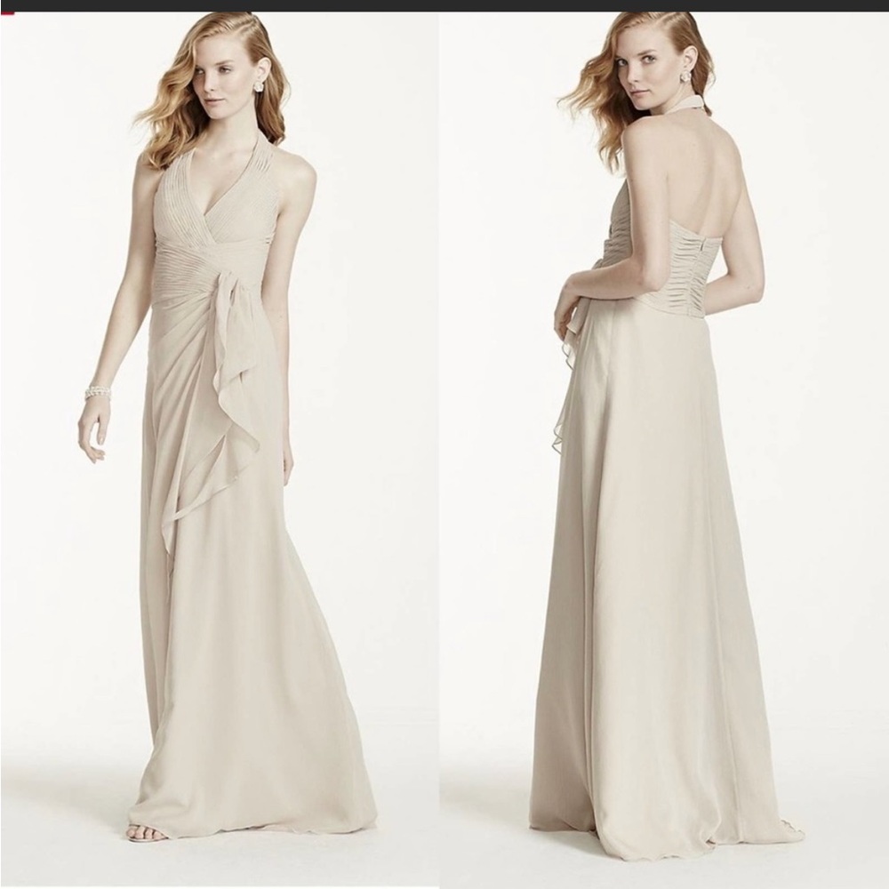David’s Bridal V-Neck Black Halter Maxi dress with pleated and ruffle detail. - Picture 8 of 12